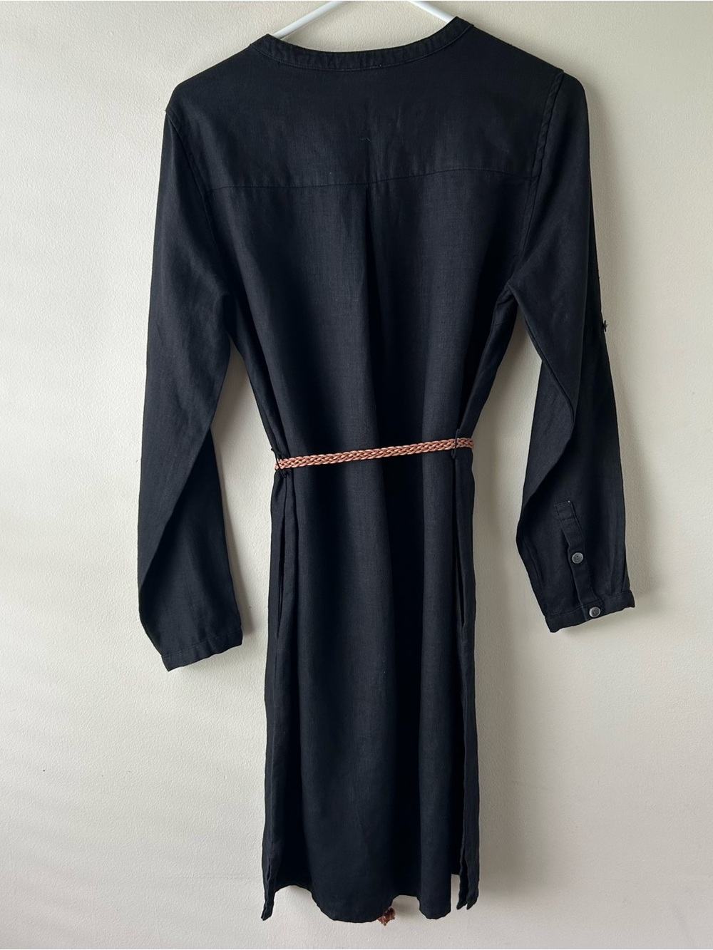 Garnet Hill 100% Linen Shirt Dress Midi Beaded Braided Belt Black Brown 8 - Picture 8 of 9